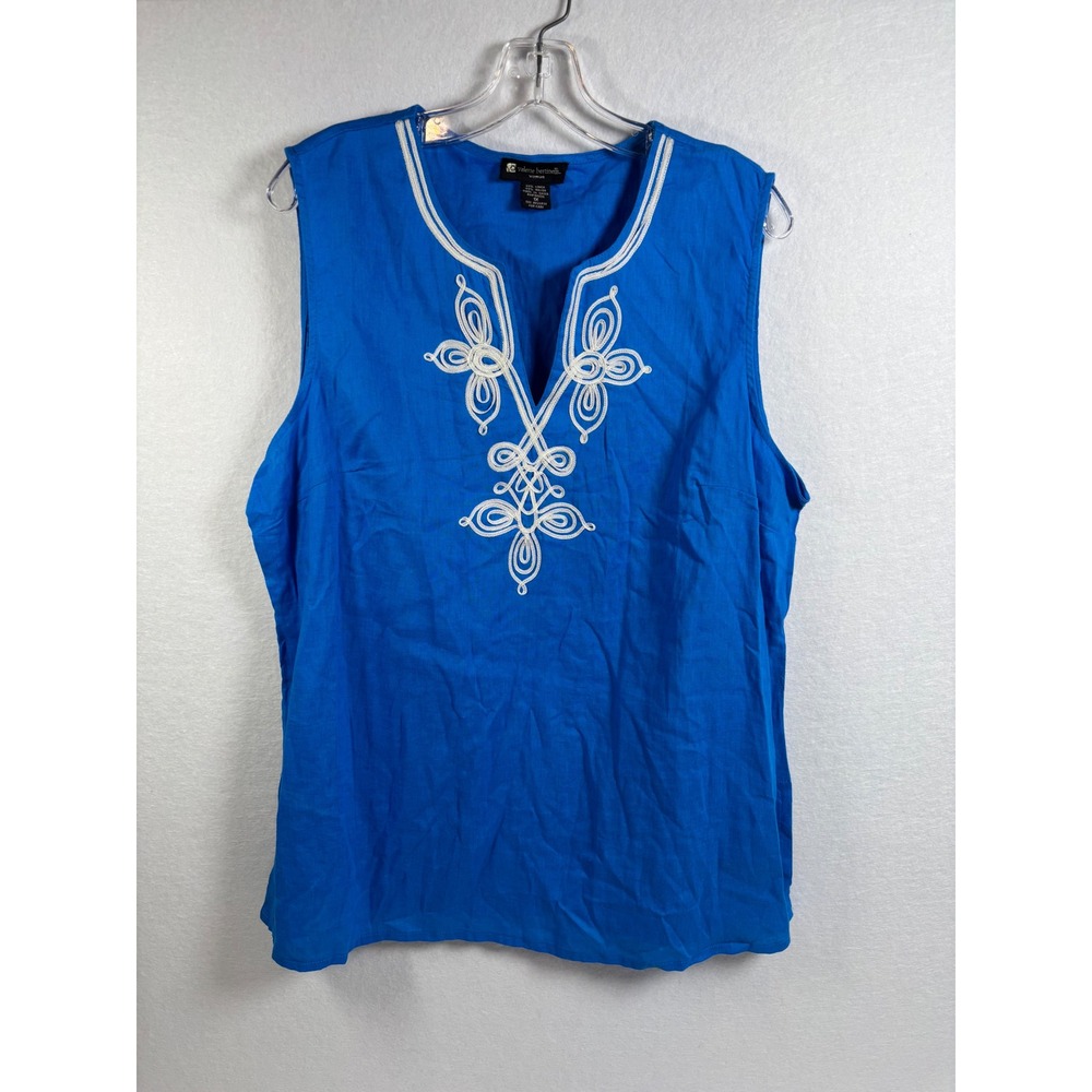Valerie Bertinelli Tunic Tank Women 1X Blue Linen Boho Embroidered Sleeveless
